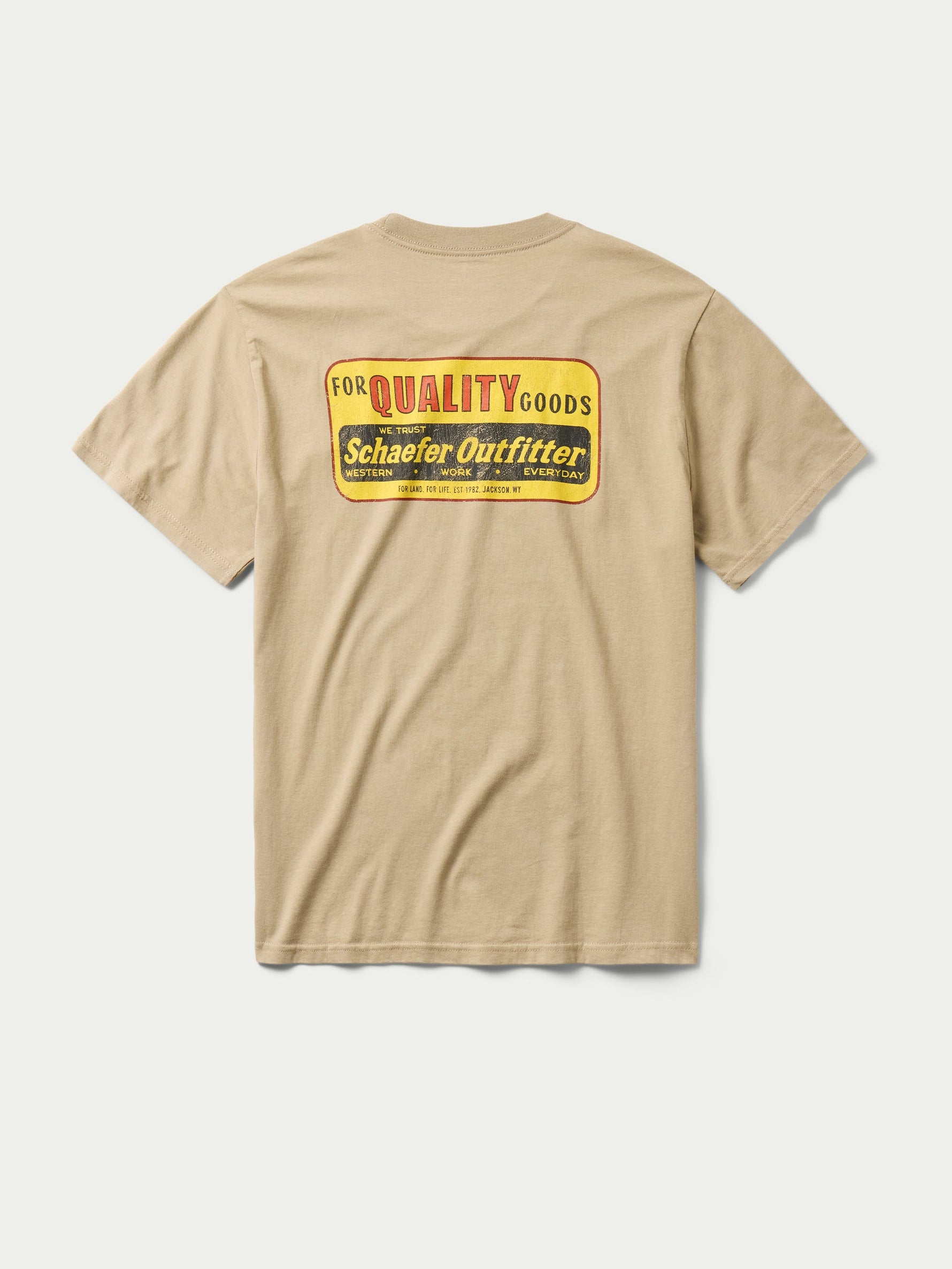 2005 Schaefer Quality Goods Tee at boltranchstore.com in stock free shipping Beige t-shirt with a logo on the back 