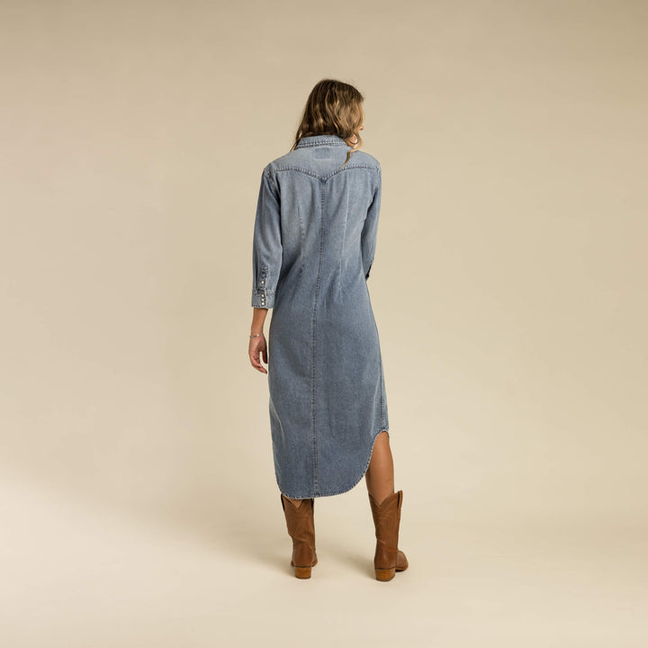 The Sendero Annie Pearl Snap Shirtdress back womens western denim fashion style clothing traditional Boltranchstore.com 