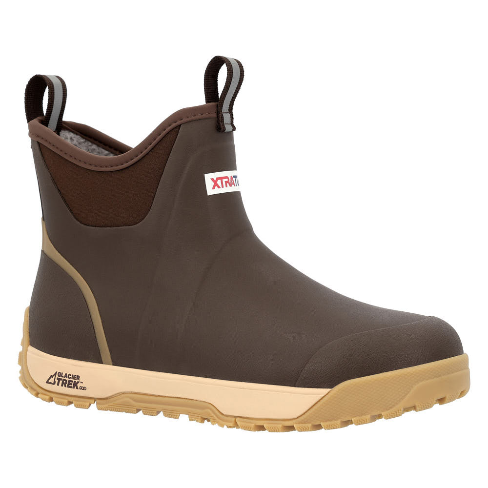 XTRATUF Mens Ice Fleece Lined Ankle Deck Boot Dark Brown dark brown waterproof rubber ankle deck boot with tan outsole ranch wear Kamas Utah SKU XMABI901