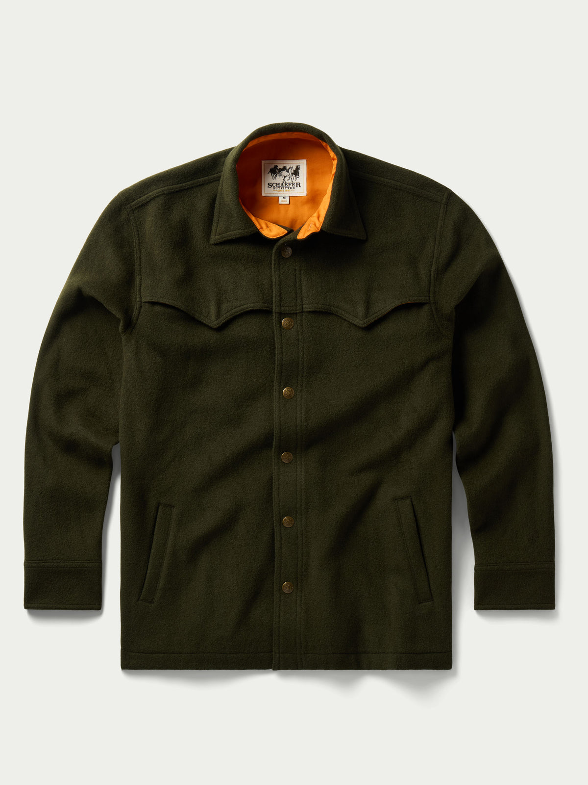 Schaefer Wool Overshirt Olive olive wool blend western overshirt with snap front mens western clothing Utah SKU 2103OL