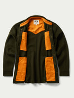 Schaefer Wool Overshirt Olive opened to show interior stash pockets on the pocket bags western fashion