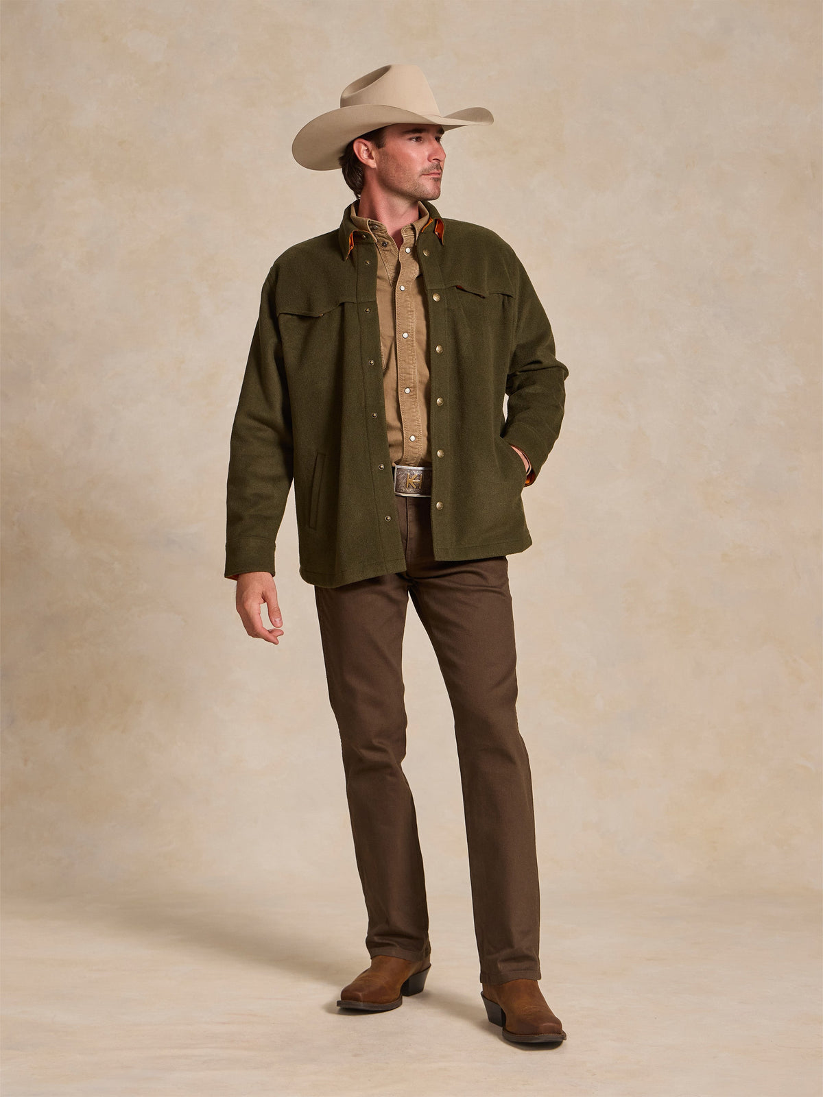 Schaefer Wool Overshirt Olive classic fit shirt jacket silhouette for layering over a snap shirt ranch wear
