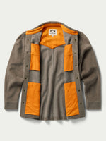 Schaefer Wool Overshirt Taupe worn open to reveal interior pocket bags and Tencel lining western fashion