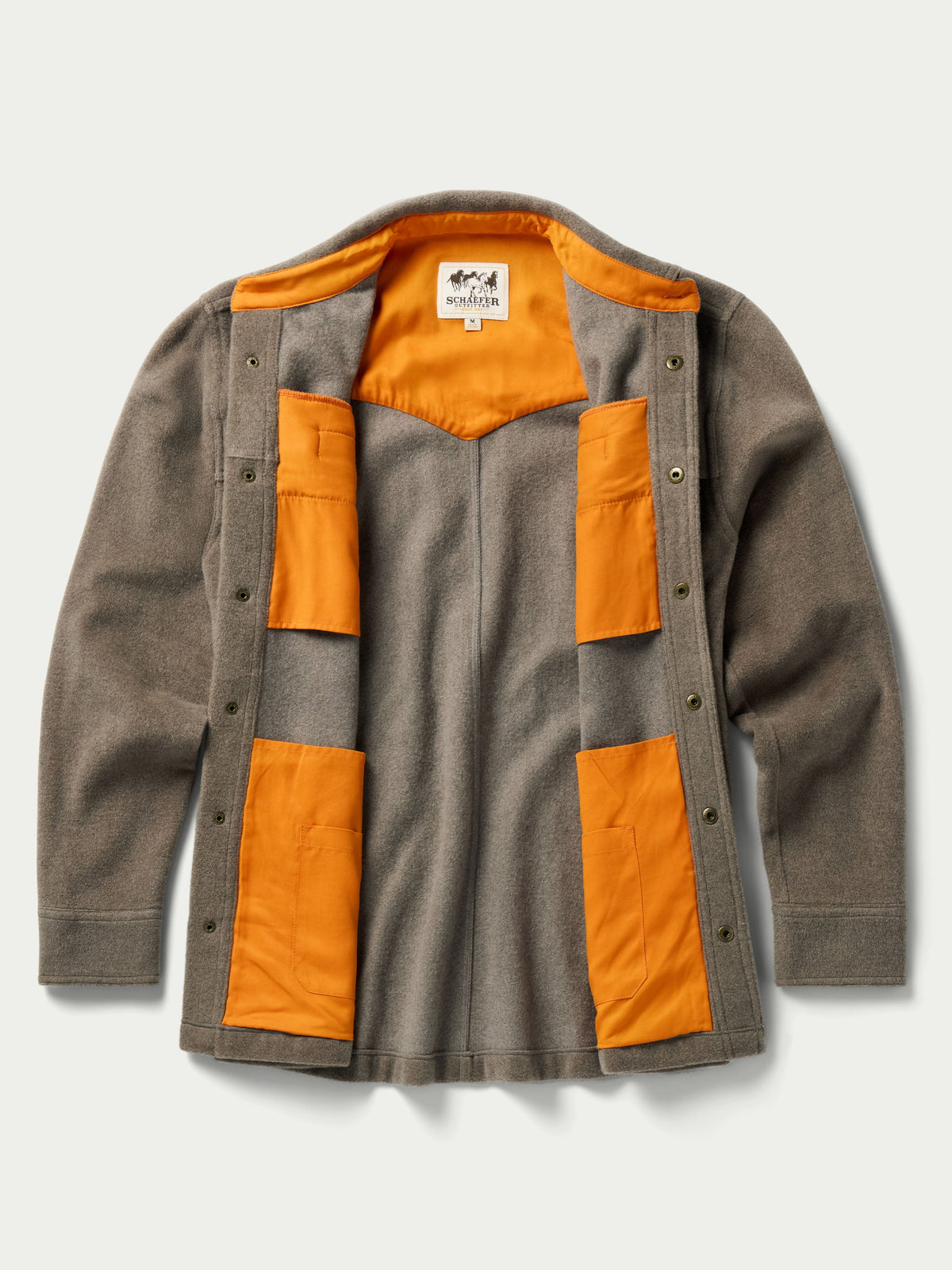 Schaefer Wool Overshirt Taupe worn open to reveal interior pocket bags and Tencel lining western fashion