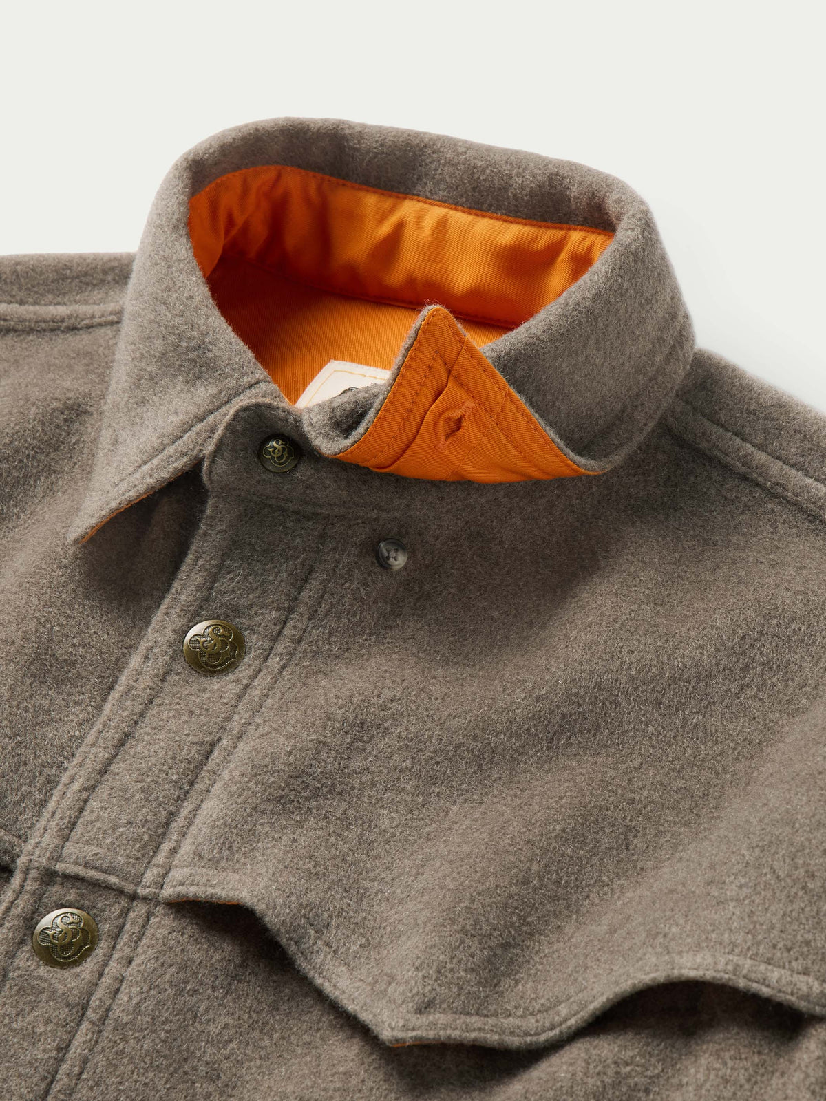Schaefer Wool Overshirt Taupe front button placket on a neutral wool shirt jacket Kamas
