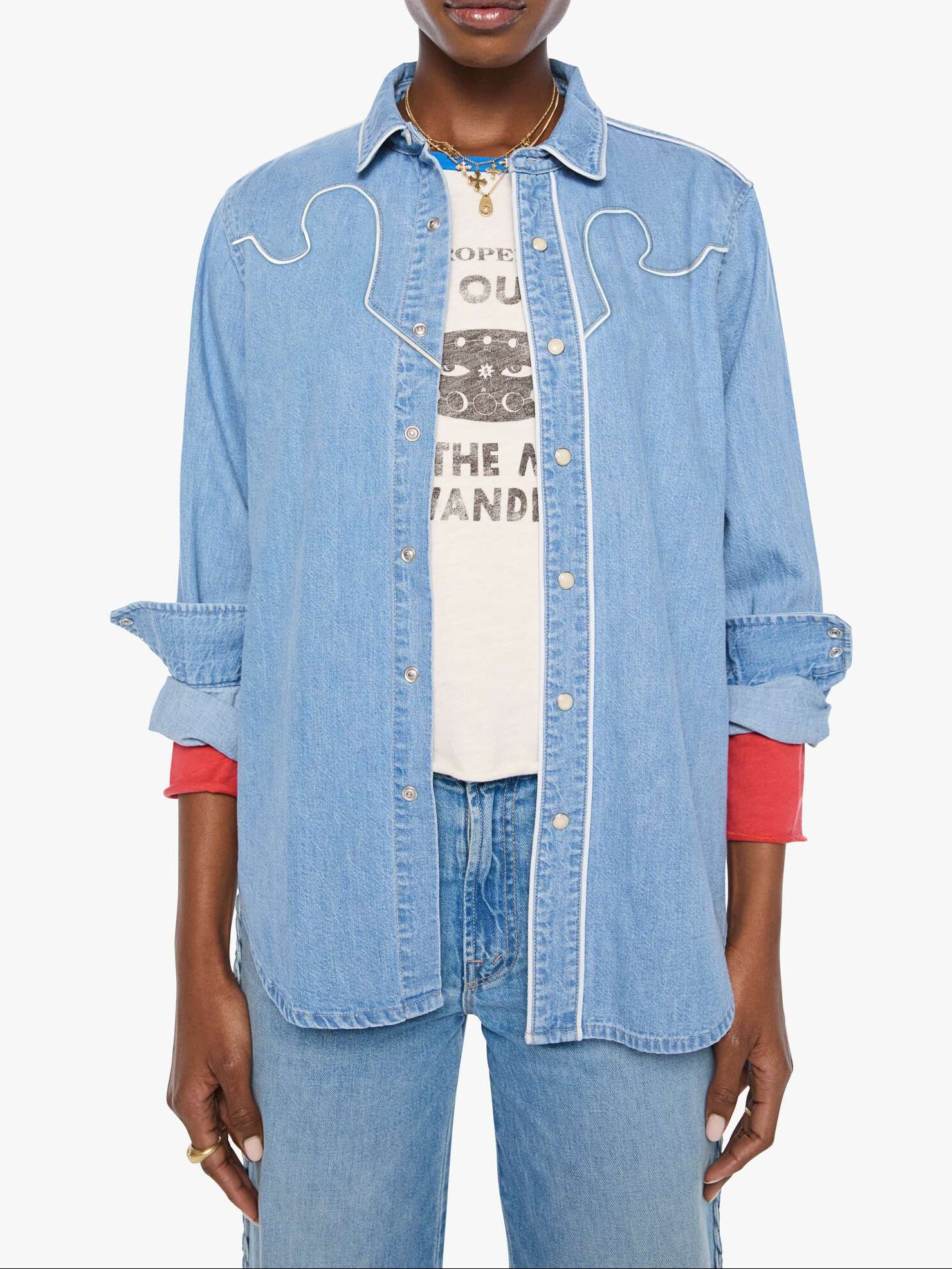 21195-350 Mother The Country Exes at the boltranchstre.com light blue denim shirt with western-style white contrast stitching popular fall 2026 womens mother free shipping 