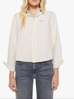 Womens western boutique Utah womens fashion Mother brand The Cropped Bestie Cream And Black Stripe SKU 21245-1962-OXS   womens striped button down shirt that says mother with black stiching 