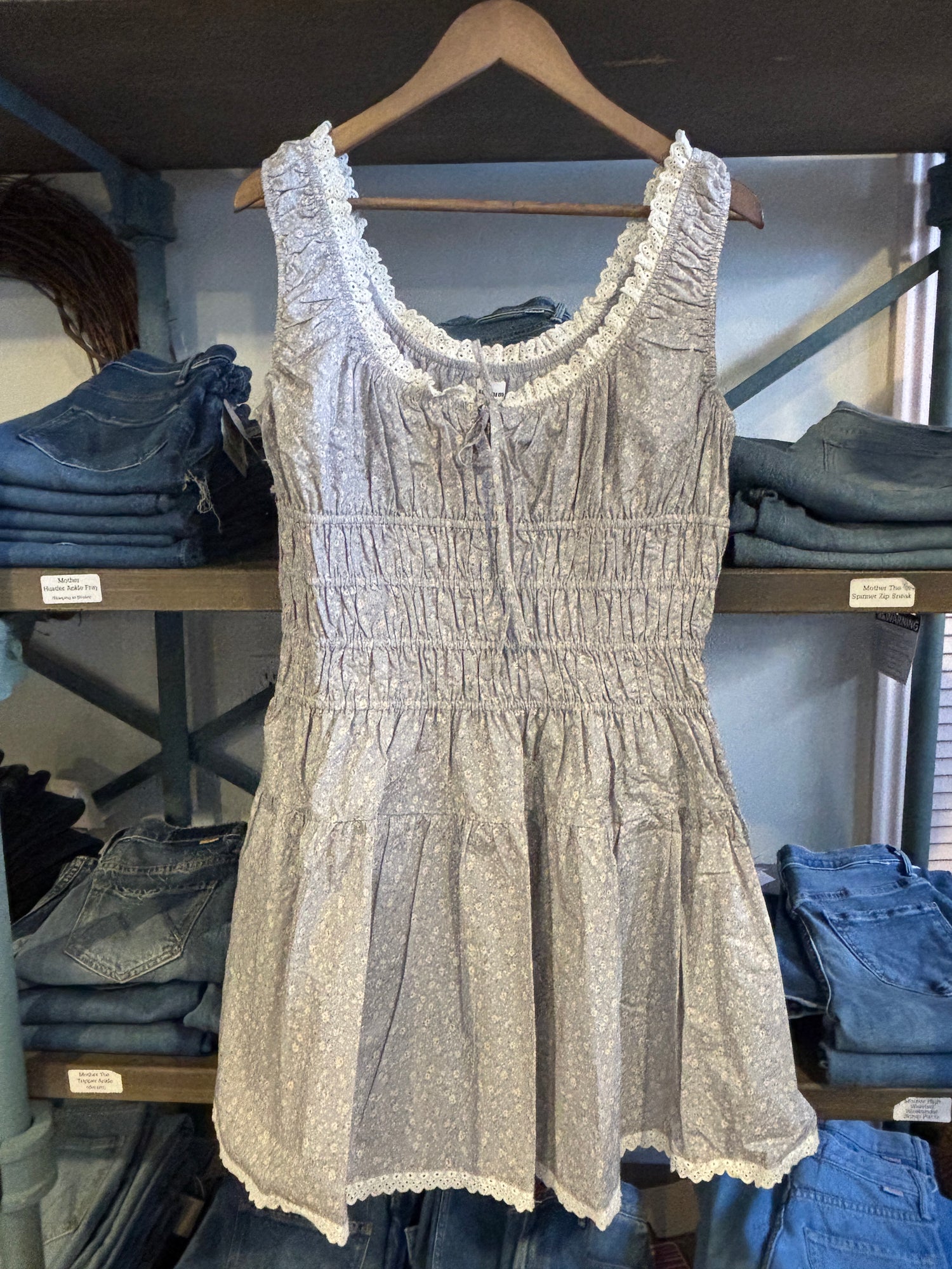 Blue Eyelet Trim Floral Mini Dress