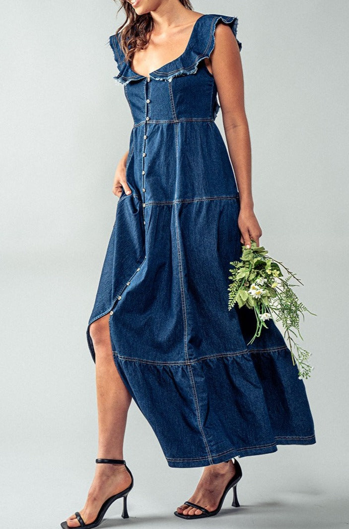 Frayed Shoulder Straps Maxi Denim Dress