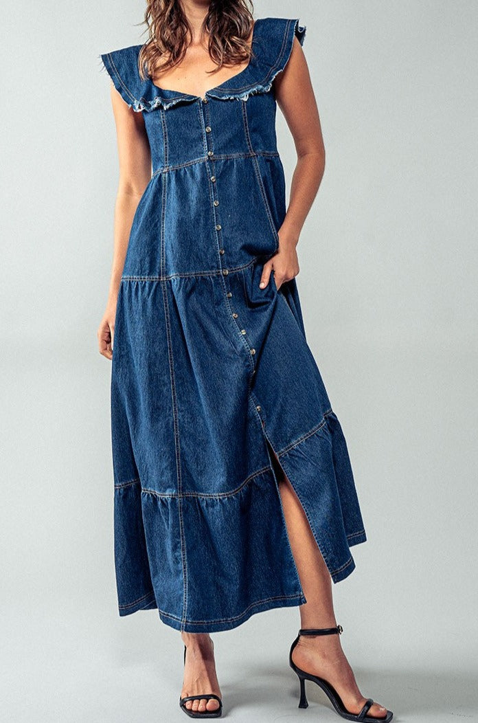 Frayed Shoulder Straps Maxi Denim Dress