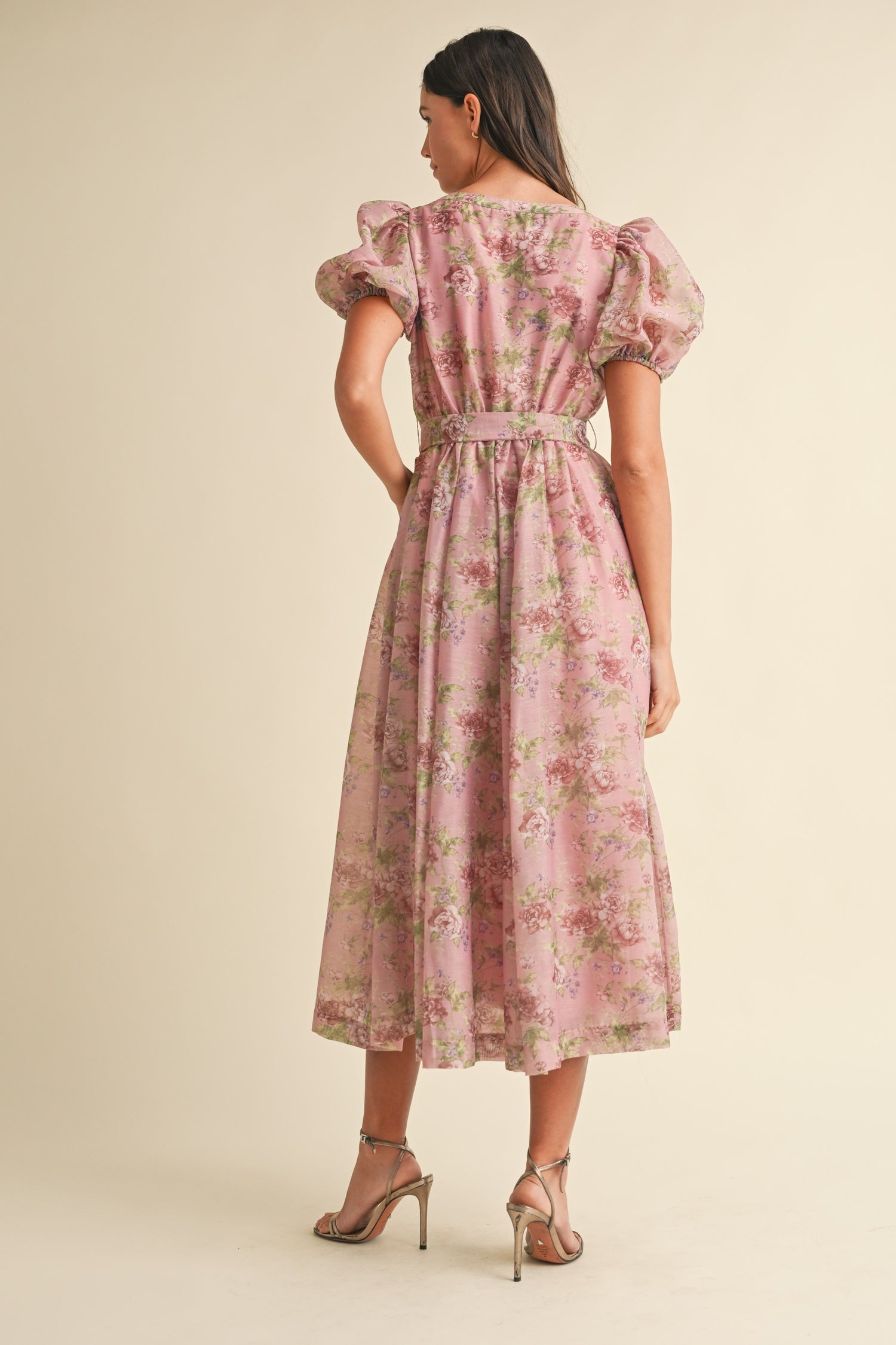 Floral Print Puff Sleeve Belt Midi Dress