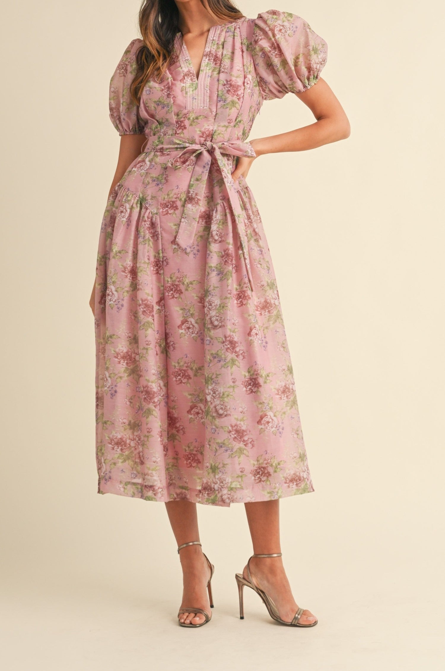 Floral Print Puff Sleeve Belt Midi Dress