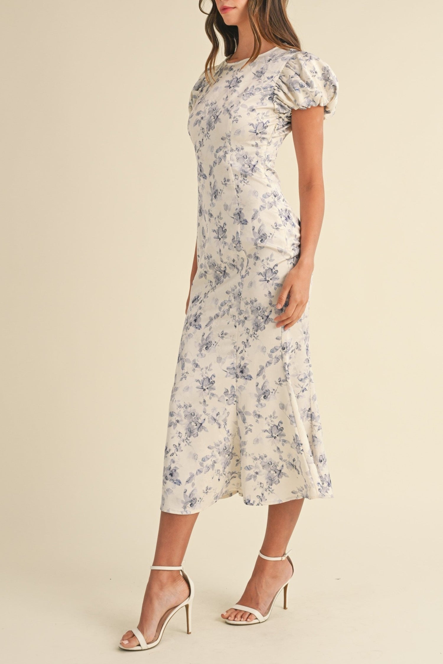 Puff Sleeve Textured Floral Midi Dress - Blue