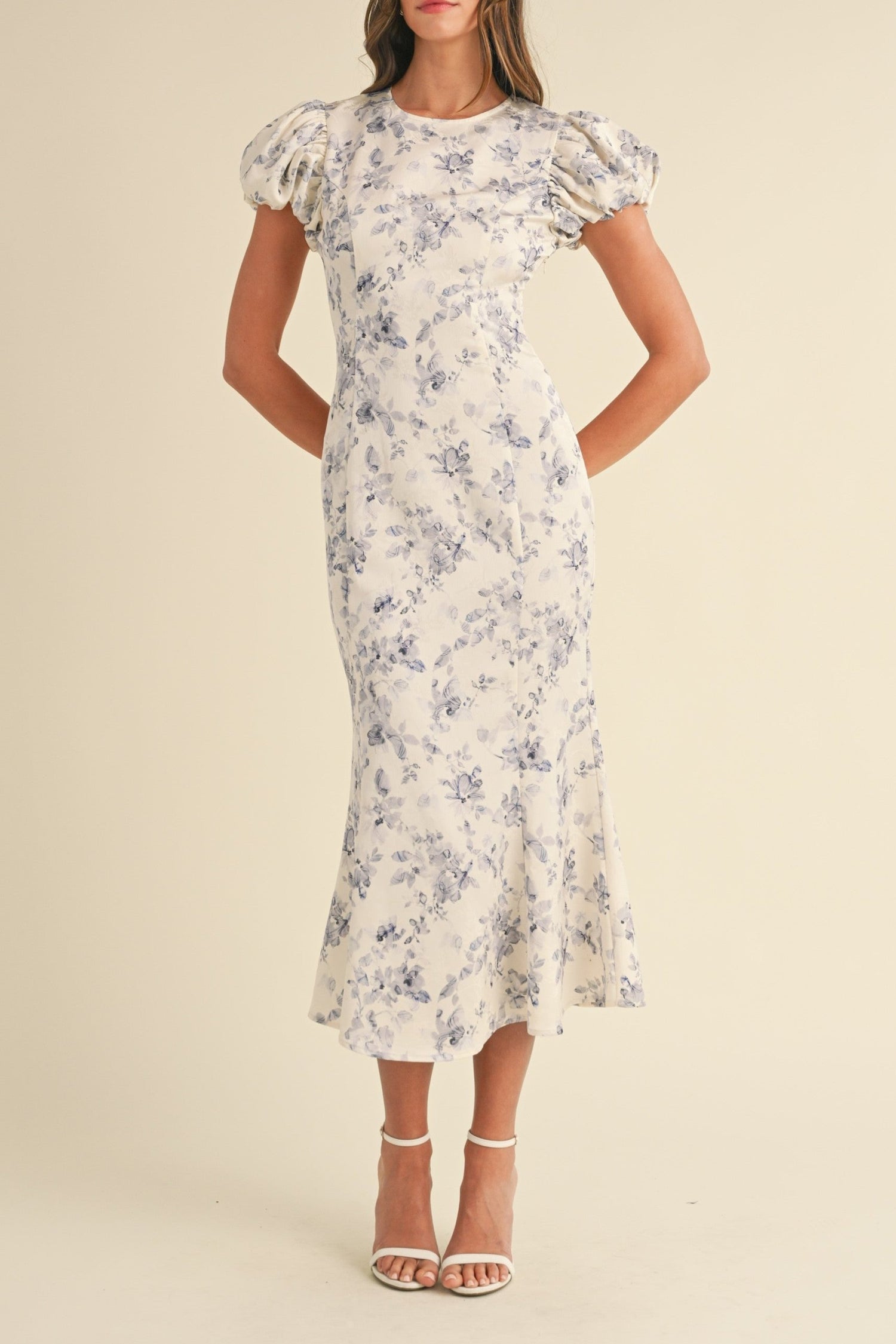 Puff Sleeve Textured Floral Midi Dress - Blue