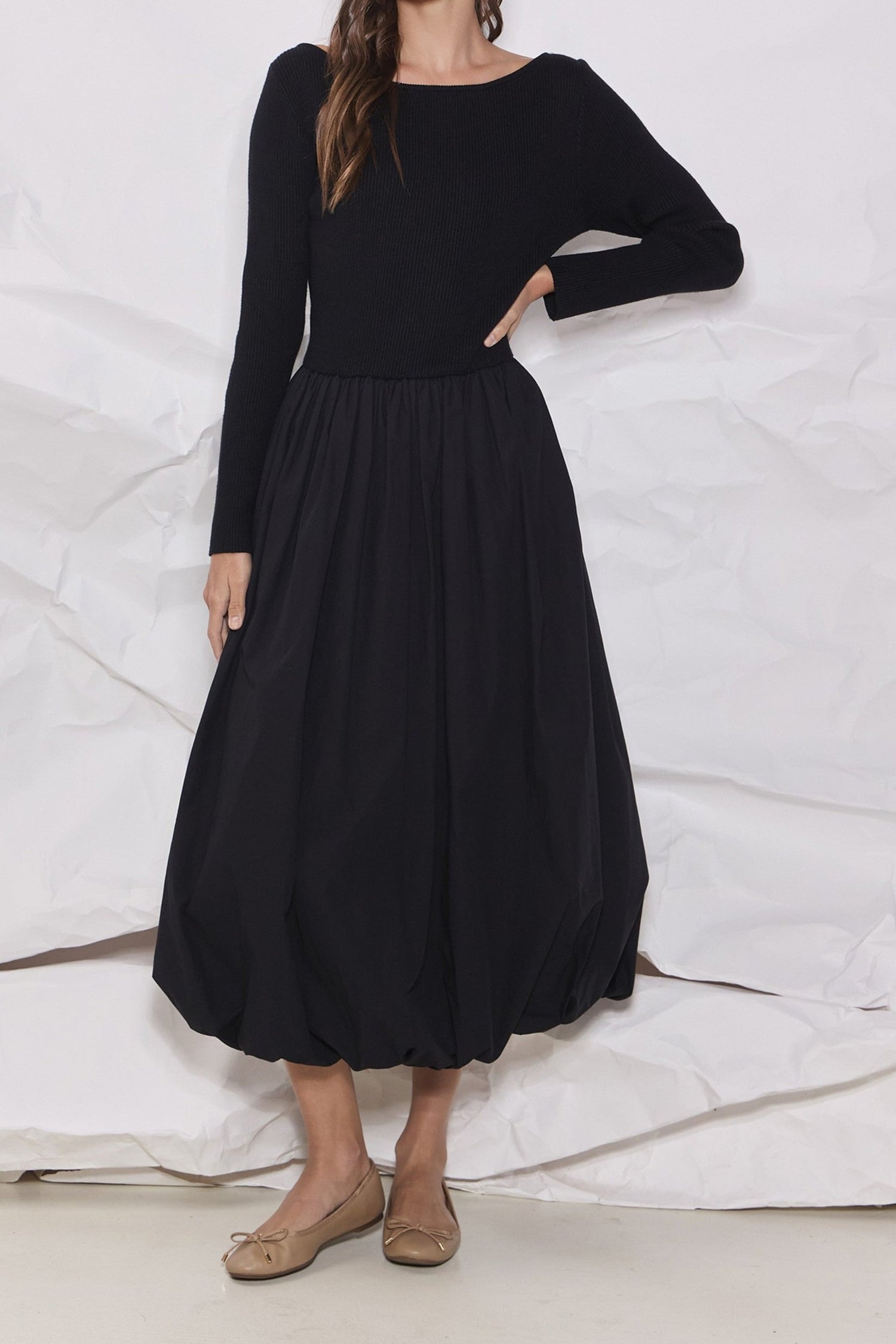 Boat Neck Sweater Top Maxi Dress - Black