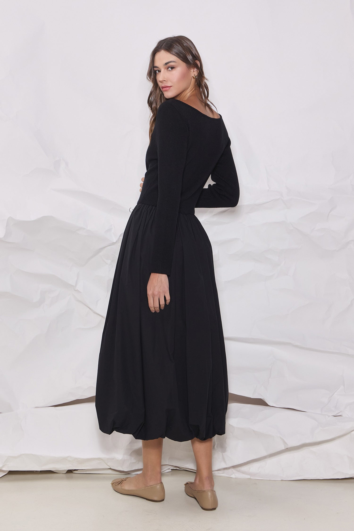 Boat Neck Sweater Top Maxi Dress - Black