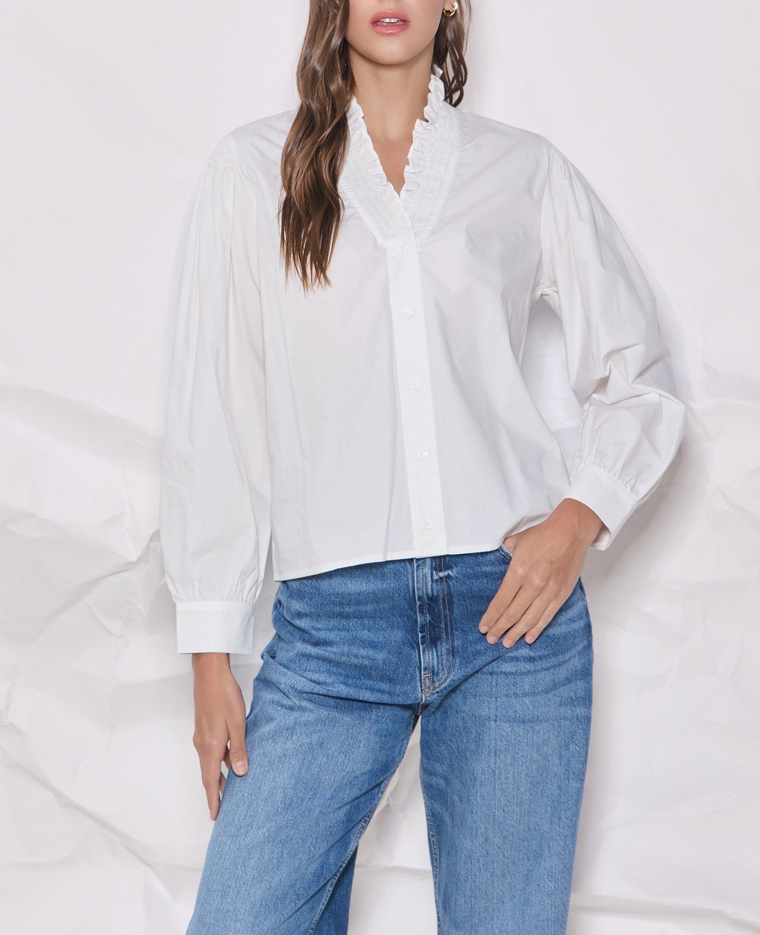 Smocked Neck Blouse - White