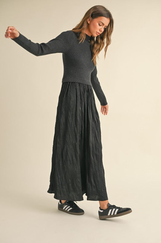 Sweater Combo Woven Dress - Black