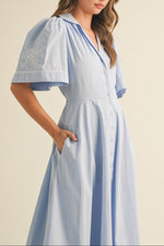 Alisa Floral Embroidery Midi Dress womens blue with white embroidery casual collar dress free shipping at Boltranchstore.com