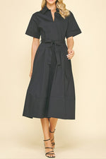Brie womens basic midi dress in black with tie waist and short sleeves free shipping Boltranchstore.com