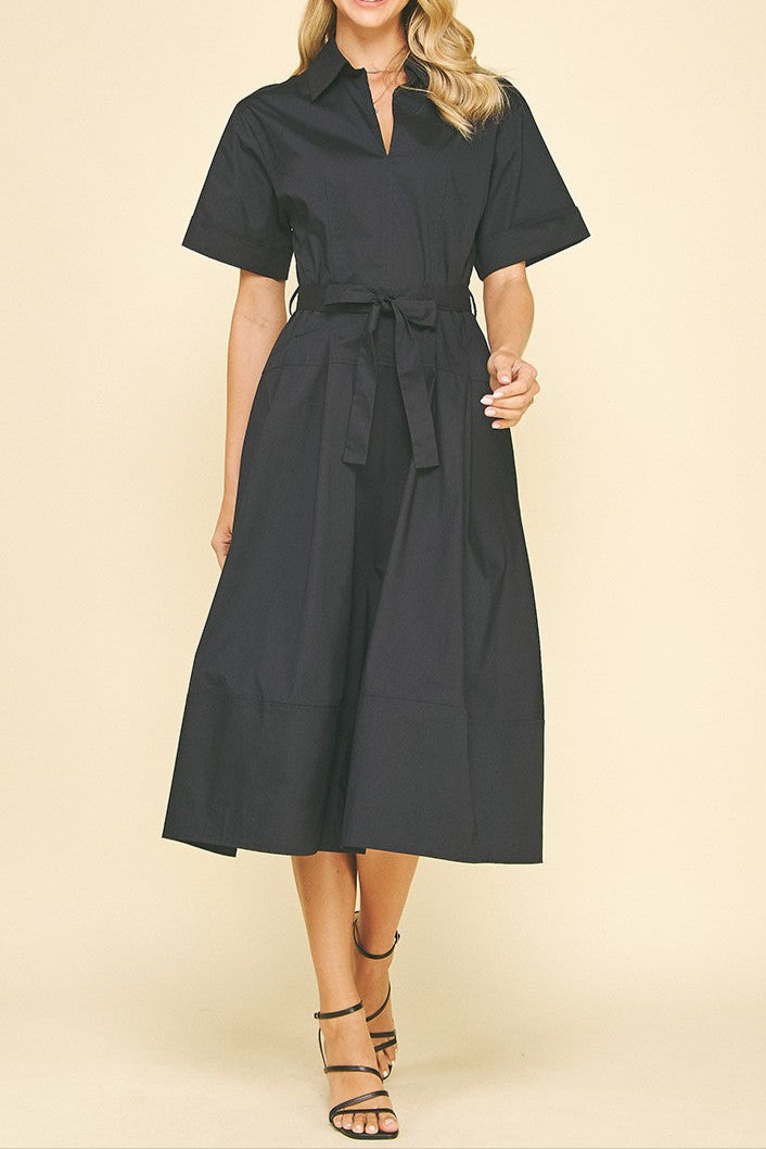 Brie womens basic midi dress in black with tie waist and short sleeves free shipping Boltranchstore.com