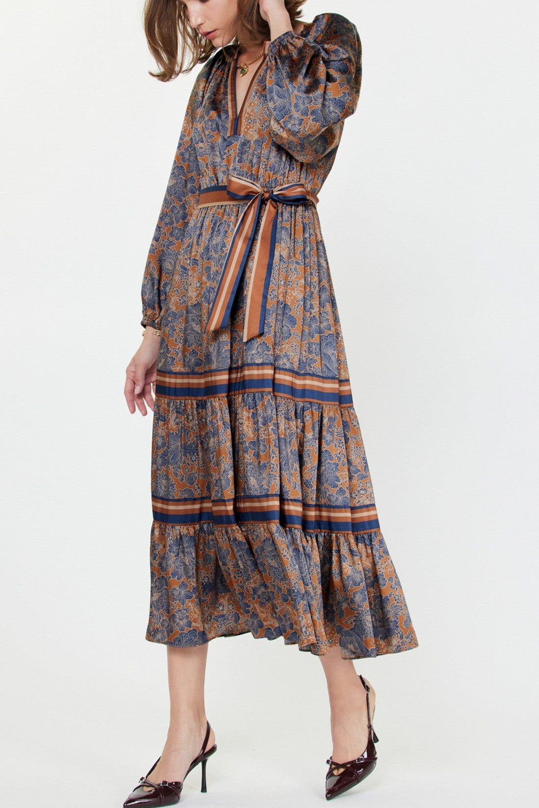 Tiana flowy tiered womens dress with rich pattern and ease, perfect for transitional weather and relaxed gatherings. free shipping Boltranchstore.com