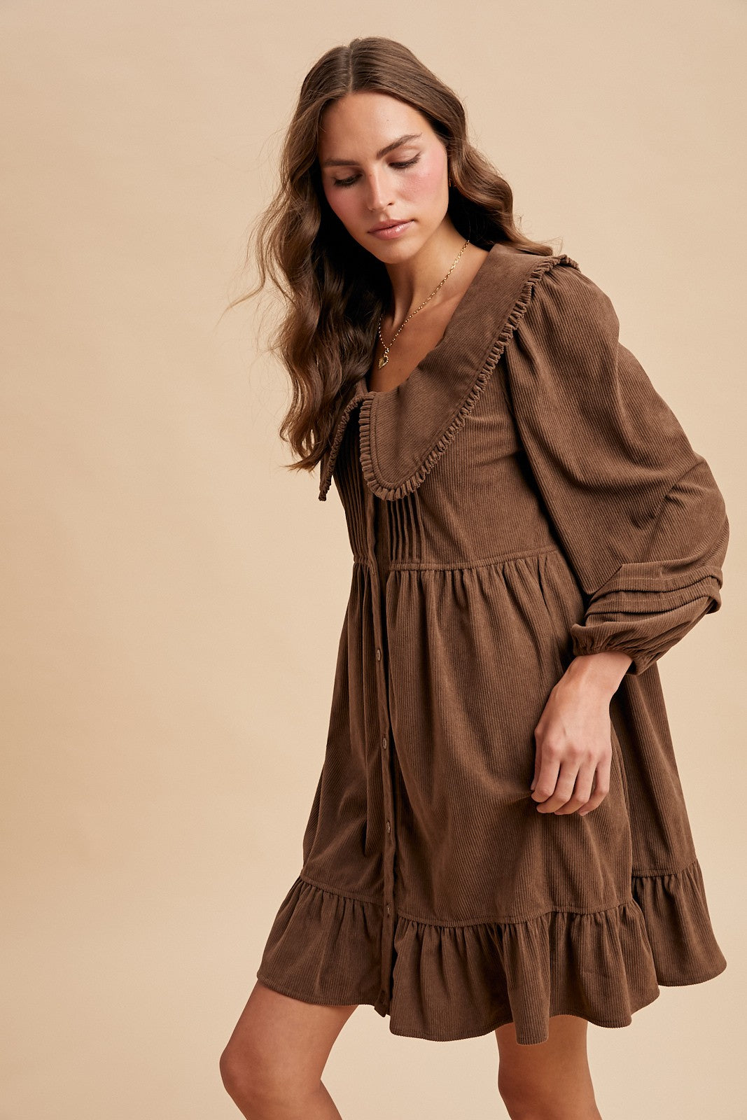 Corduroy Wide Collar Babydoll Mini Dress