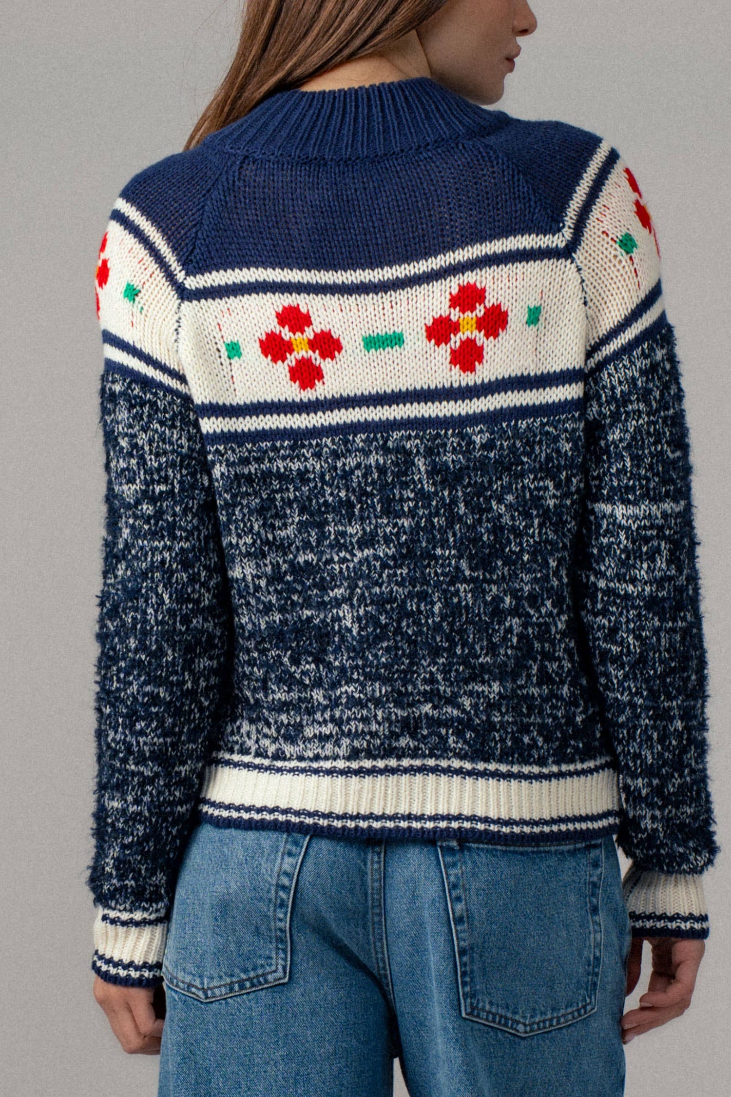 Floral Yoke Zip Up Knit Cardigan