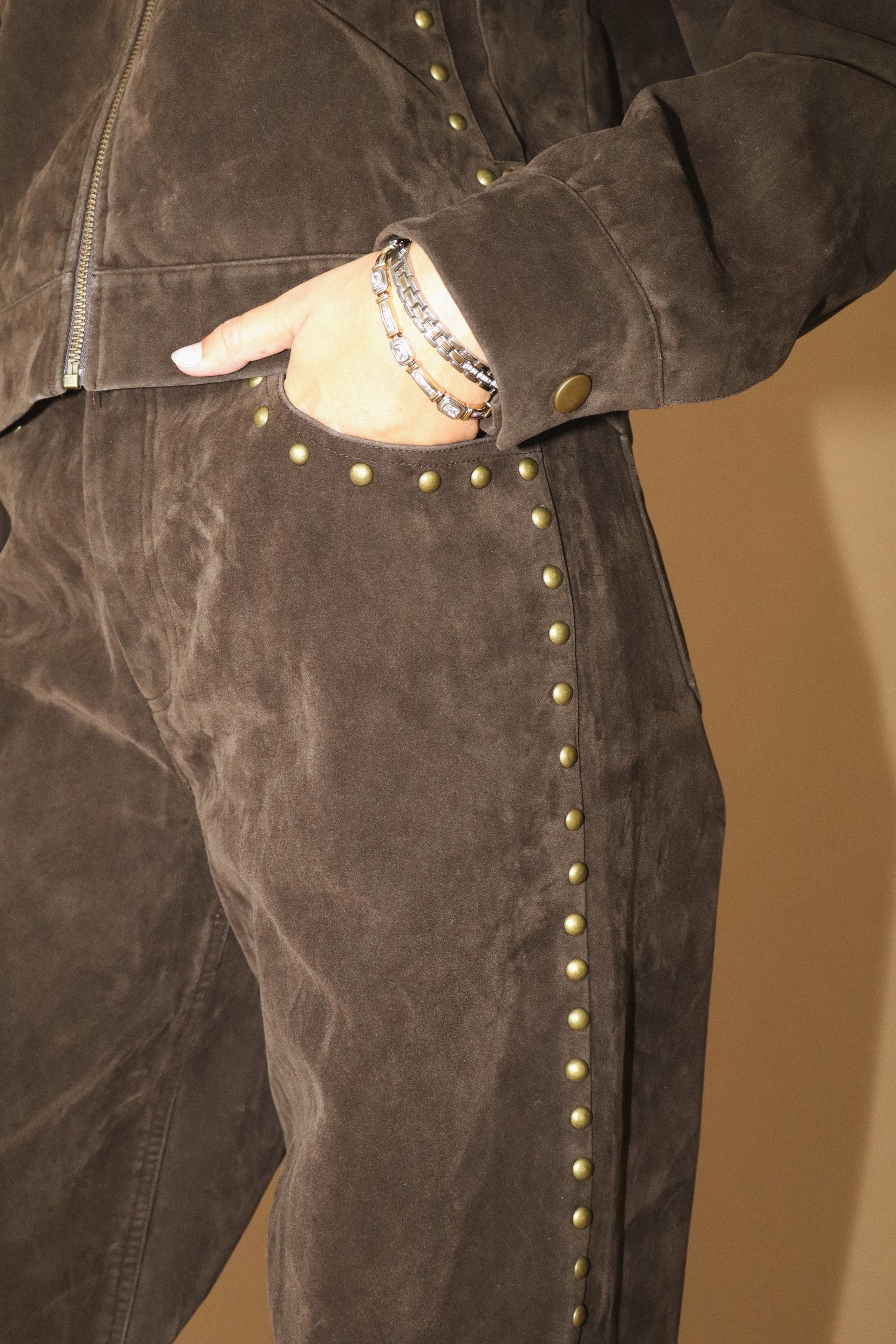 Chocolate Studded Suede Wide Leg Pant