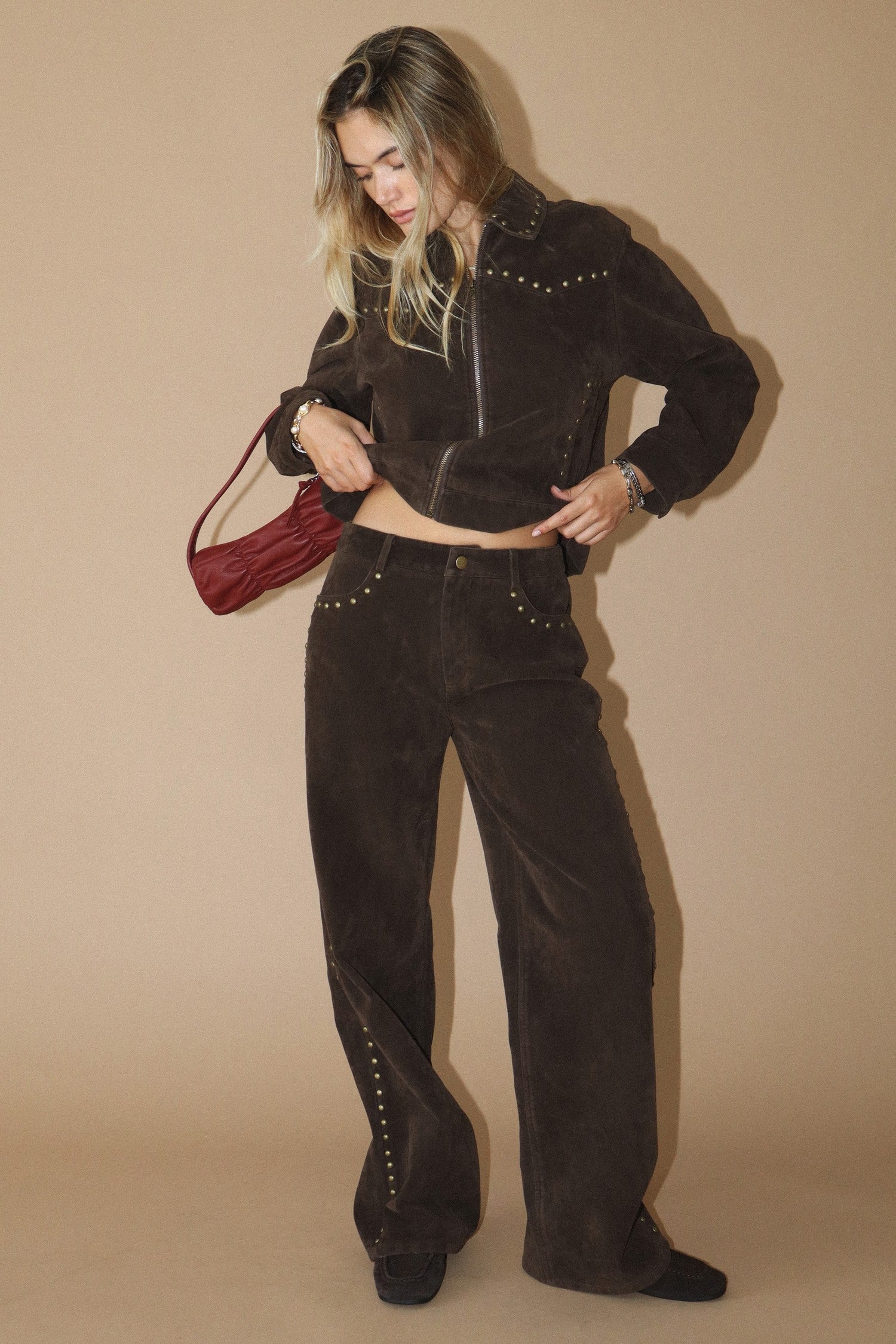 Chocolate Studded Suede Wide Leg Pant