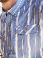Schaefer Mens Rangetek Western Guide Snap Shirt Rusk blue stripes popular western pearl snap shirt riding Boltranchstore.com