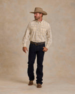 Schaefer Ranch Flex Boot Cut Dungarees Dark Rinse styled with a western work shirt for everyday ranch wear