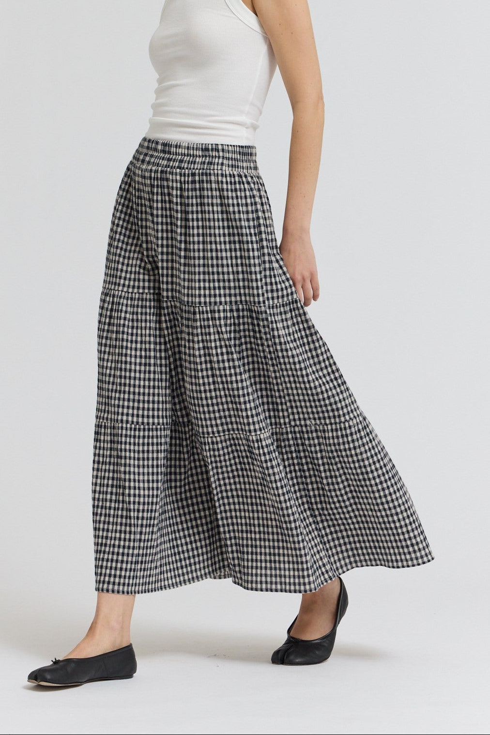 Tabitha Gingham Skirt womens tiered gingham skirt black midnight skirt western fashion Boltranchstore.com Free Shipping