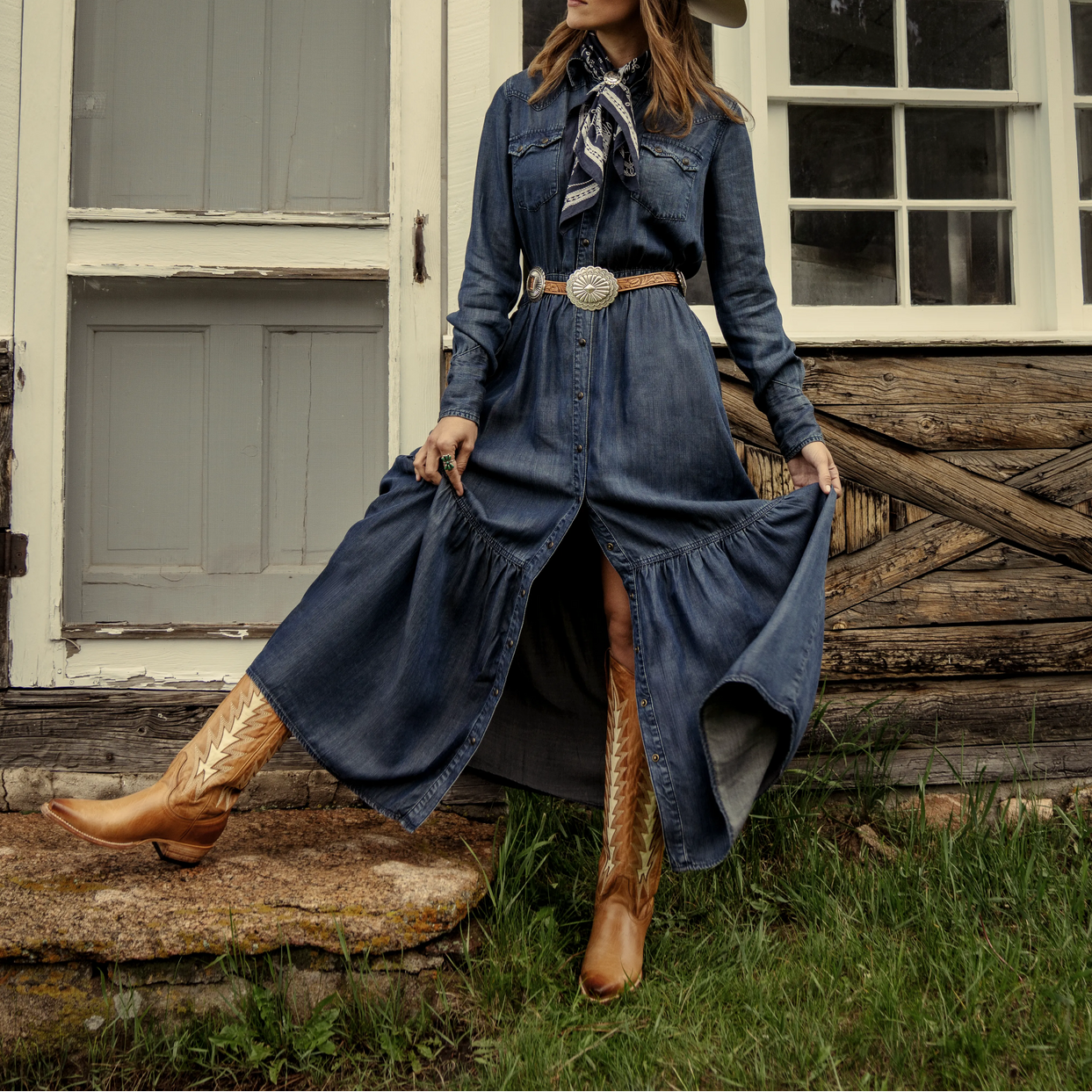 Western Denim Maxi Dress at boltranchstore.com Blue denim dress everyday dress western dress NFR outfit at boltranchstore.com western outfit denim dress up foodnanny dress 