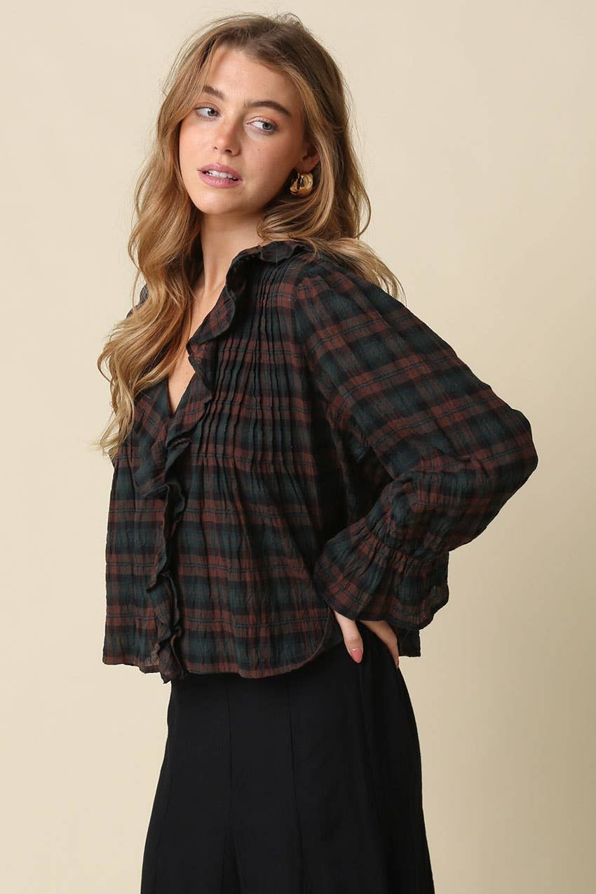 Lena Ruffle Plaid Blouse