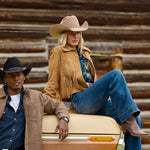 Stetson Womens Tan Suede Jacket With Fringe On Pockets and Sleeves statement outerwear for cowgirl ranch wear and everyday western style