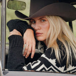 Stetson Southwest Cardigan rib knit hem and cuffs on a cozy sweater