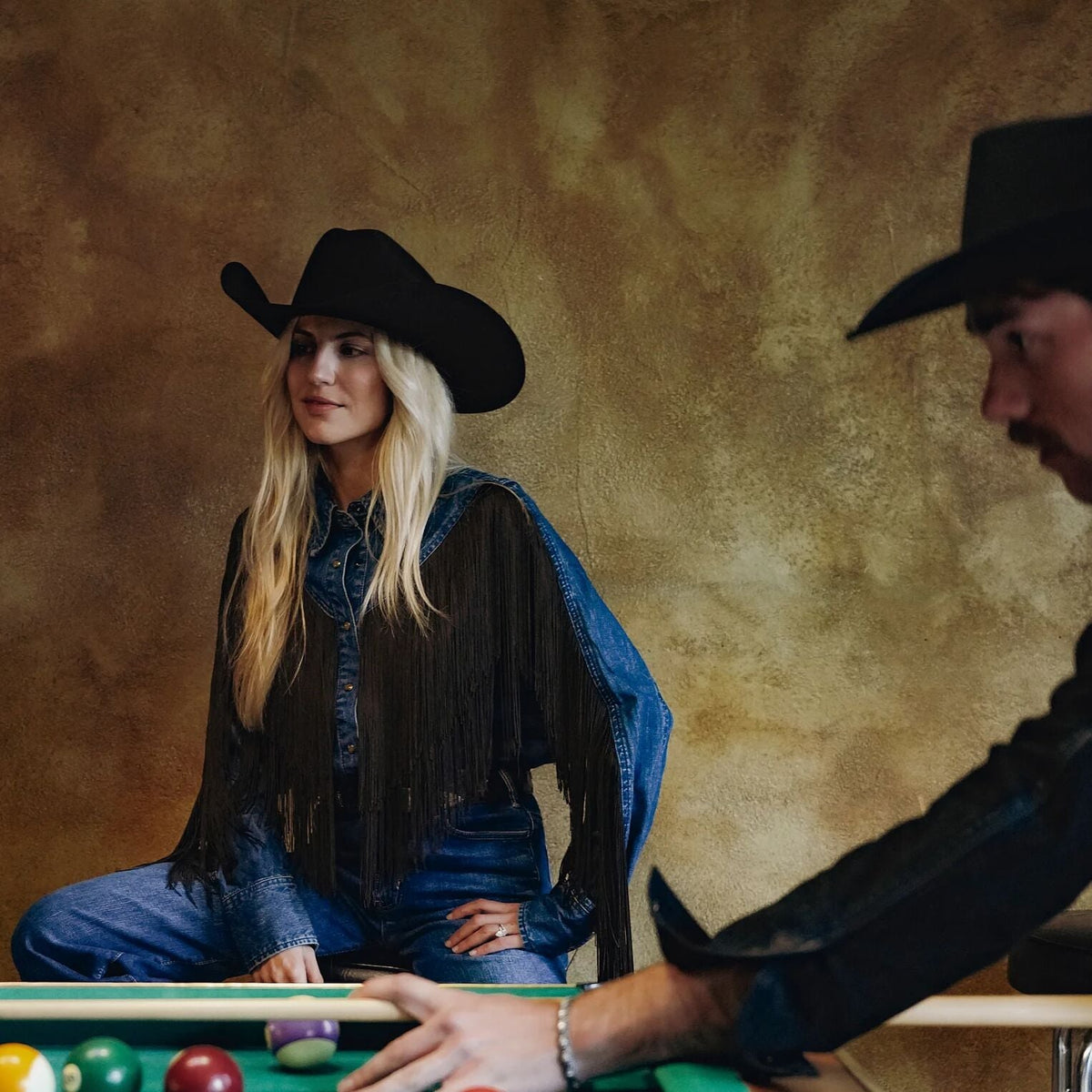 Stetson Denim Fringe Western Shirt fringe trimmed denim top styled for rodeo nights