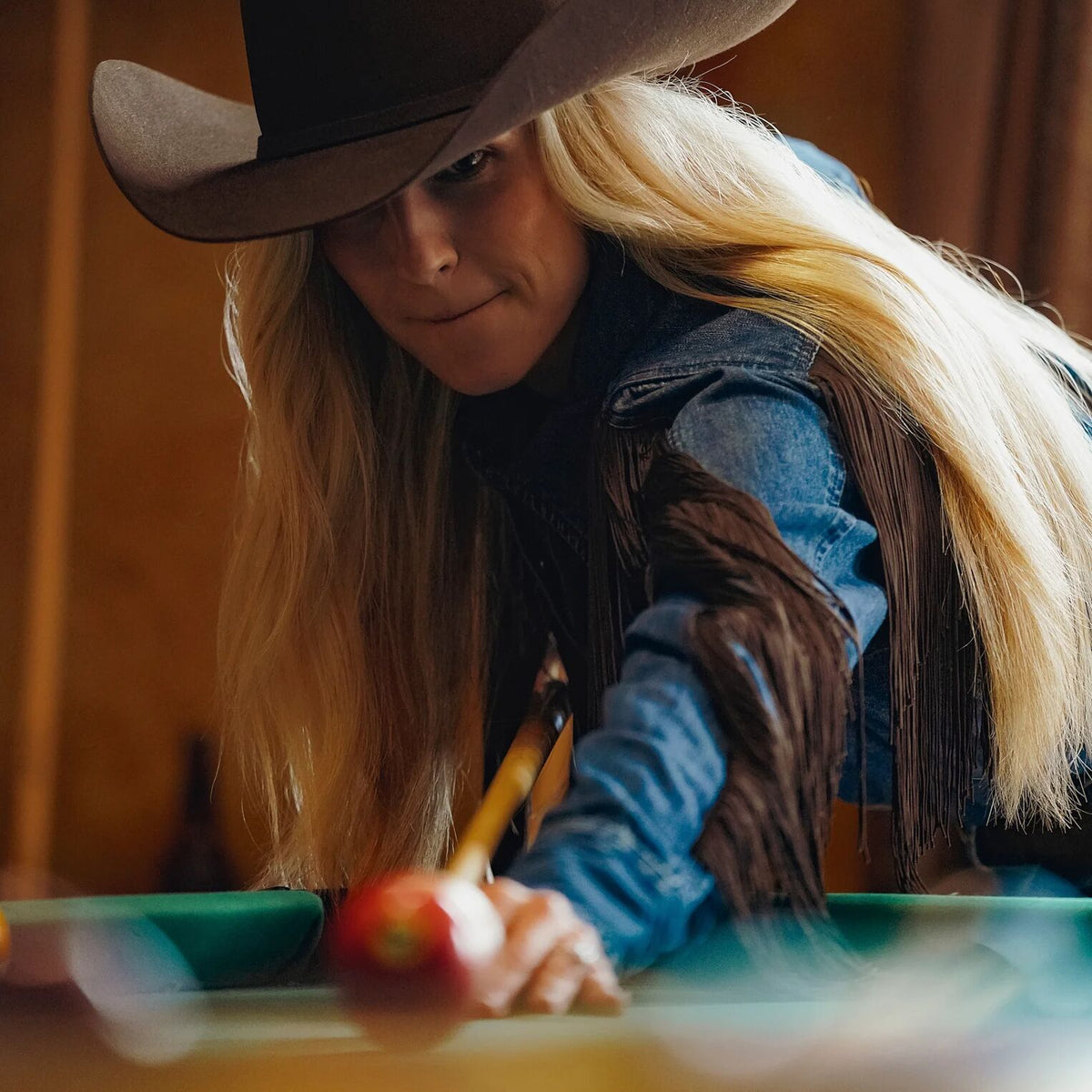 Stetson Denim Fringe Western Shirt two rows of leather fringe below angled front yokes