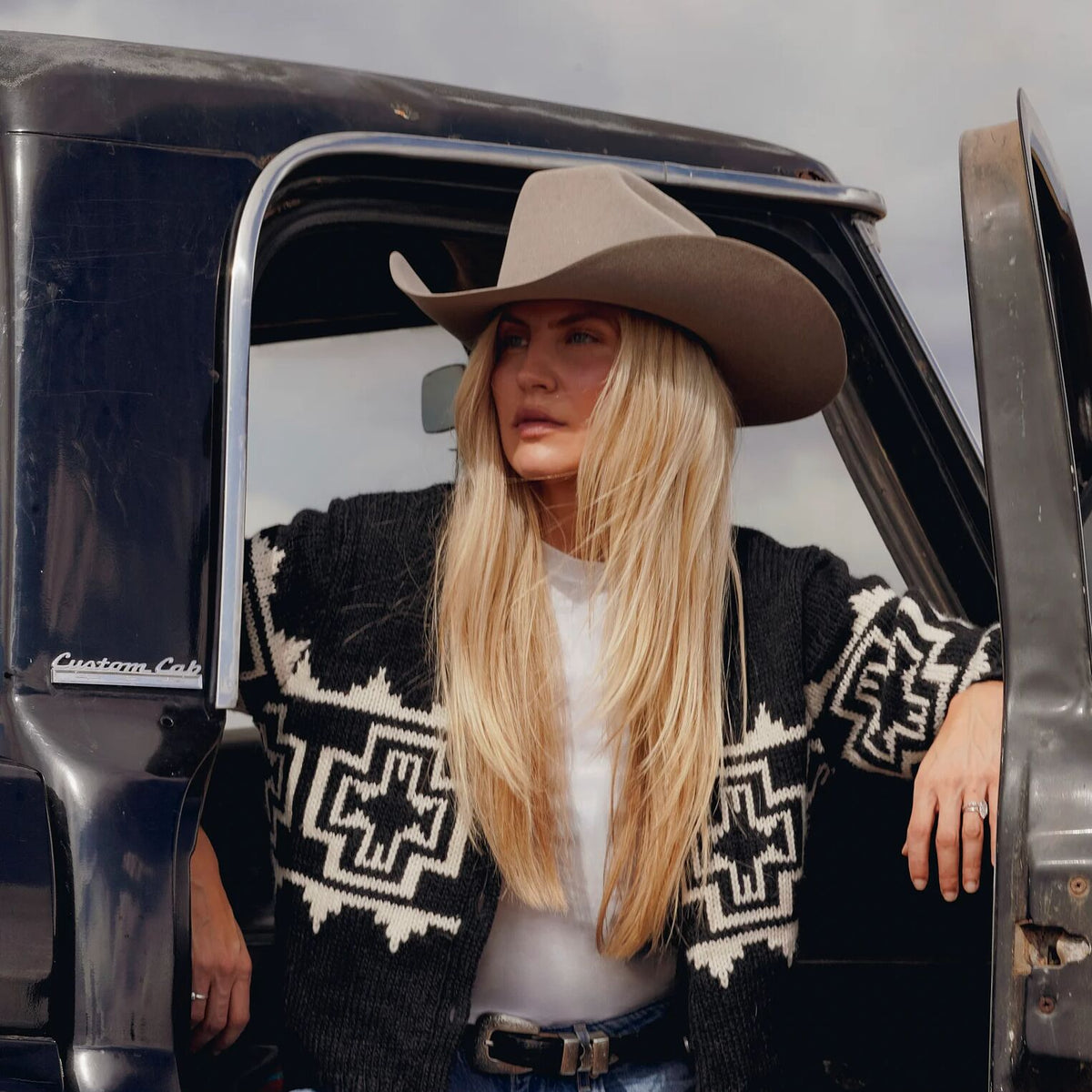 Stetson Falcon 6X Cowboy Hat Stone cowboy hat paired with denim and a western shirt in Park City