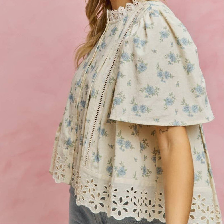 Isla Floral Lace Trim Flutter Sleeve Top
