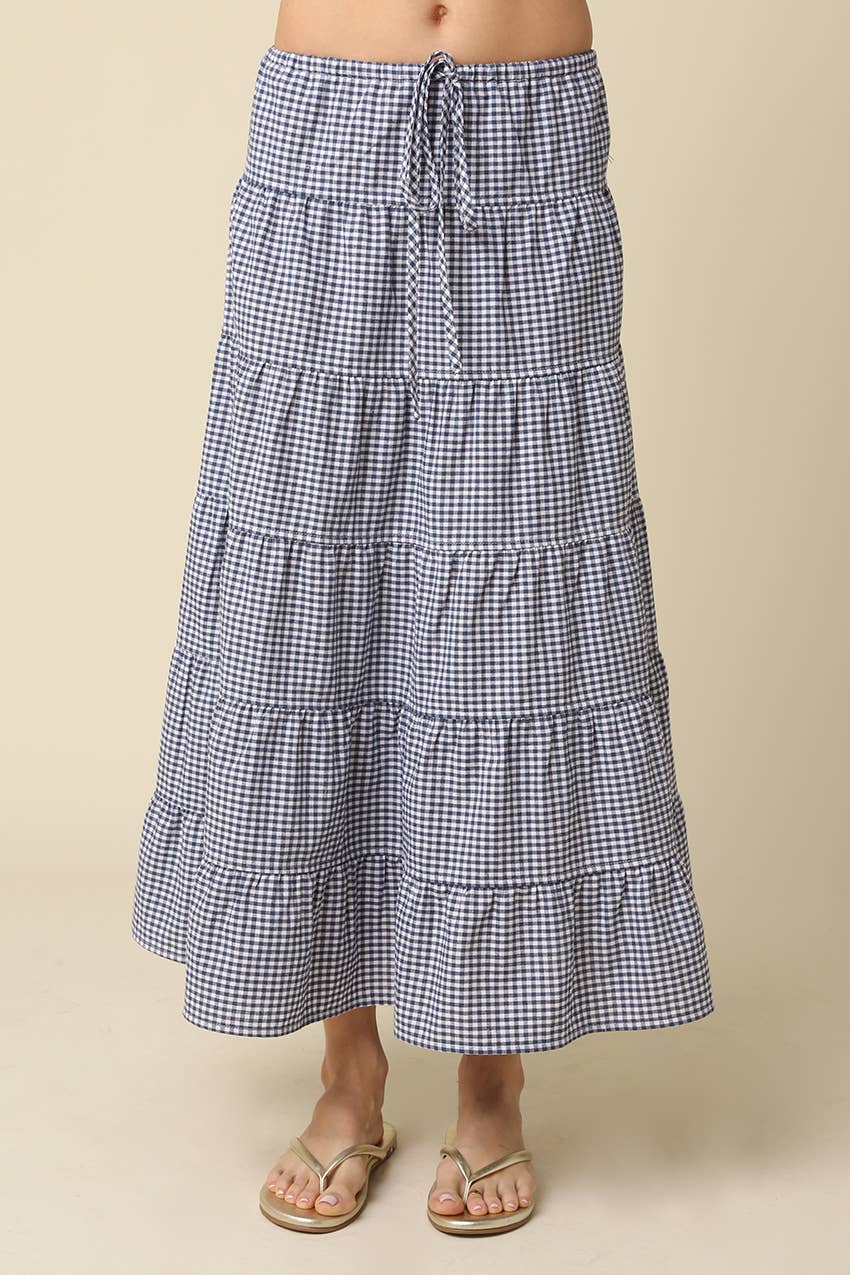 navy white gingham maxi tiered drawstring skirt boltranchstore.com Bolt Ranch Store Olivaceous 