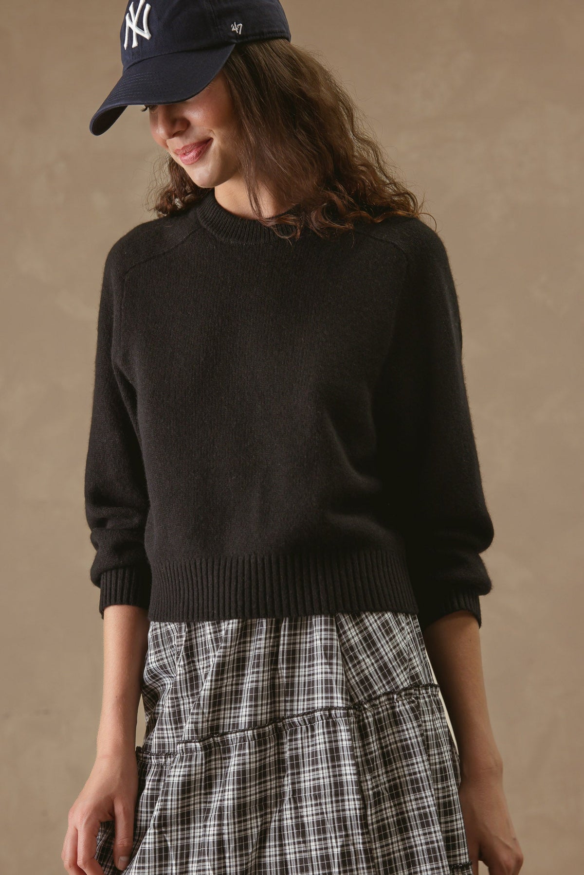 27 Miles Malibu Alyson Cropped Cashmere Crewneck Black clean crew neckline in deep black cowgirl style