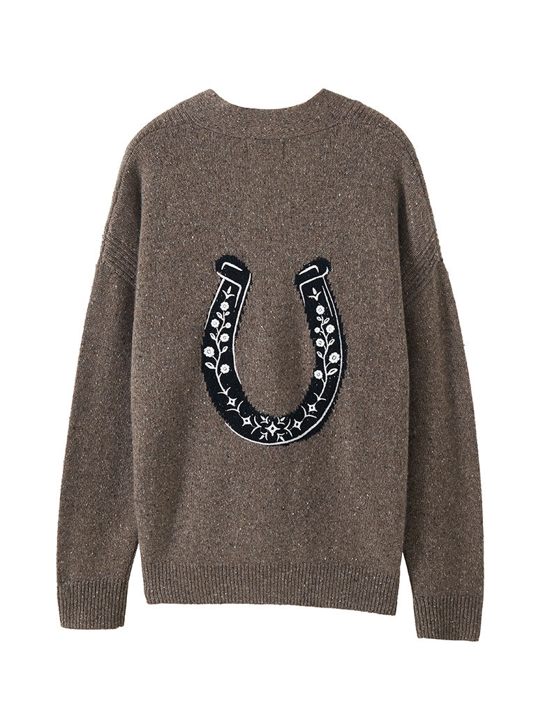 27 Miles Malibu Noriko Cashmere Cardigan with Horse Shoe Graphic delicate floral embroidery inside the horseshoe cowgirl style