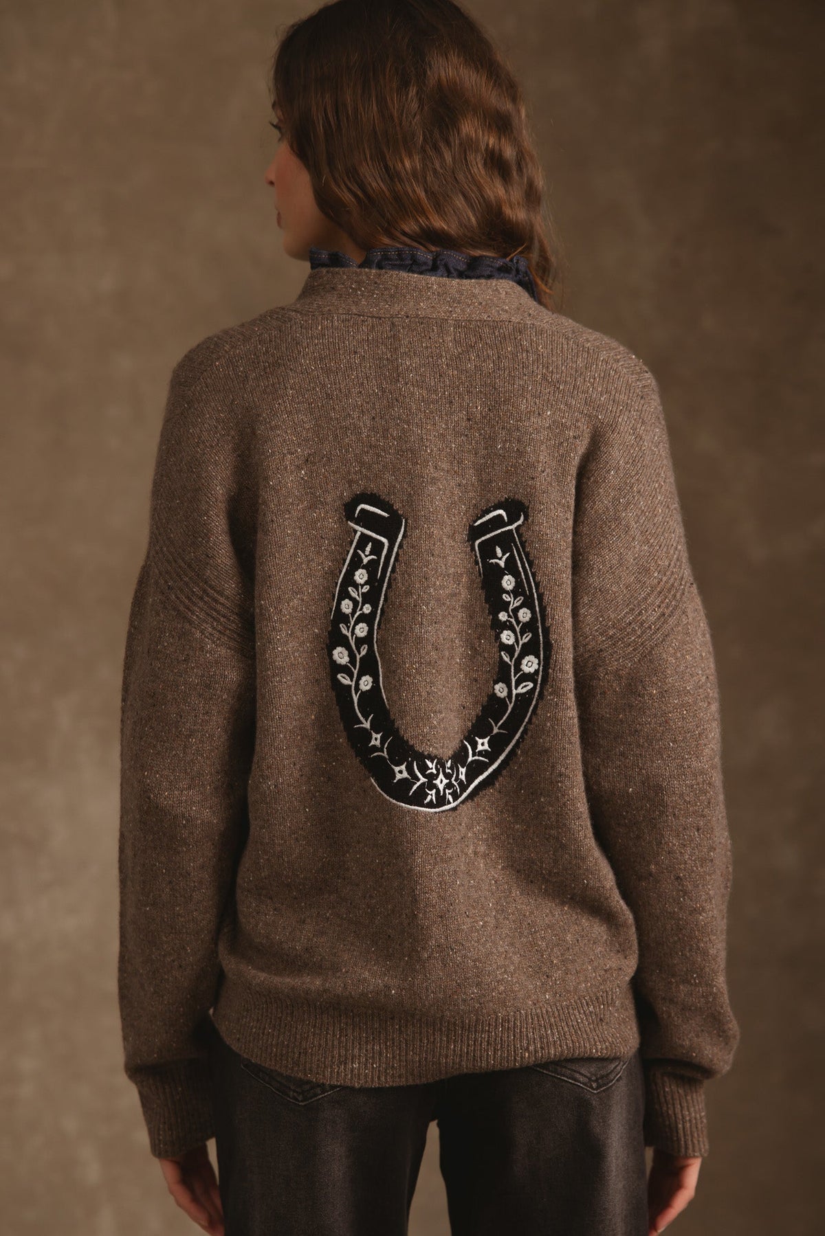 27 Miles Malibu Noriko Cashmere Cardigan with Horse Shoe Graphic pure cashmere knit for casual layering Park City