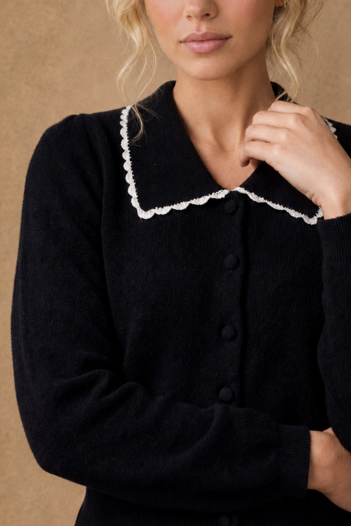 27 Miles Malibu Bellamy Cashmere Collared Cardigan with Lace Trim black cashmere cardigan with cloud contrast collar womens western boutique Utah SKU BELLAMYBLKCL Boltranchstore.com