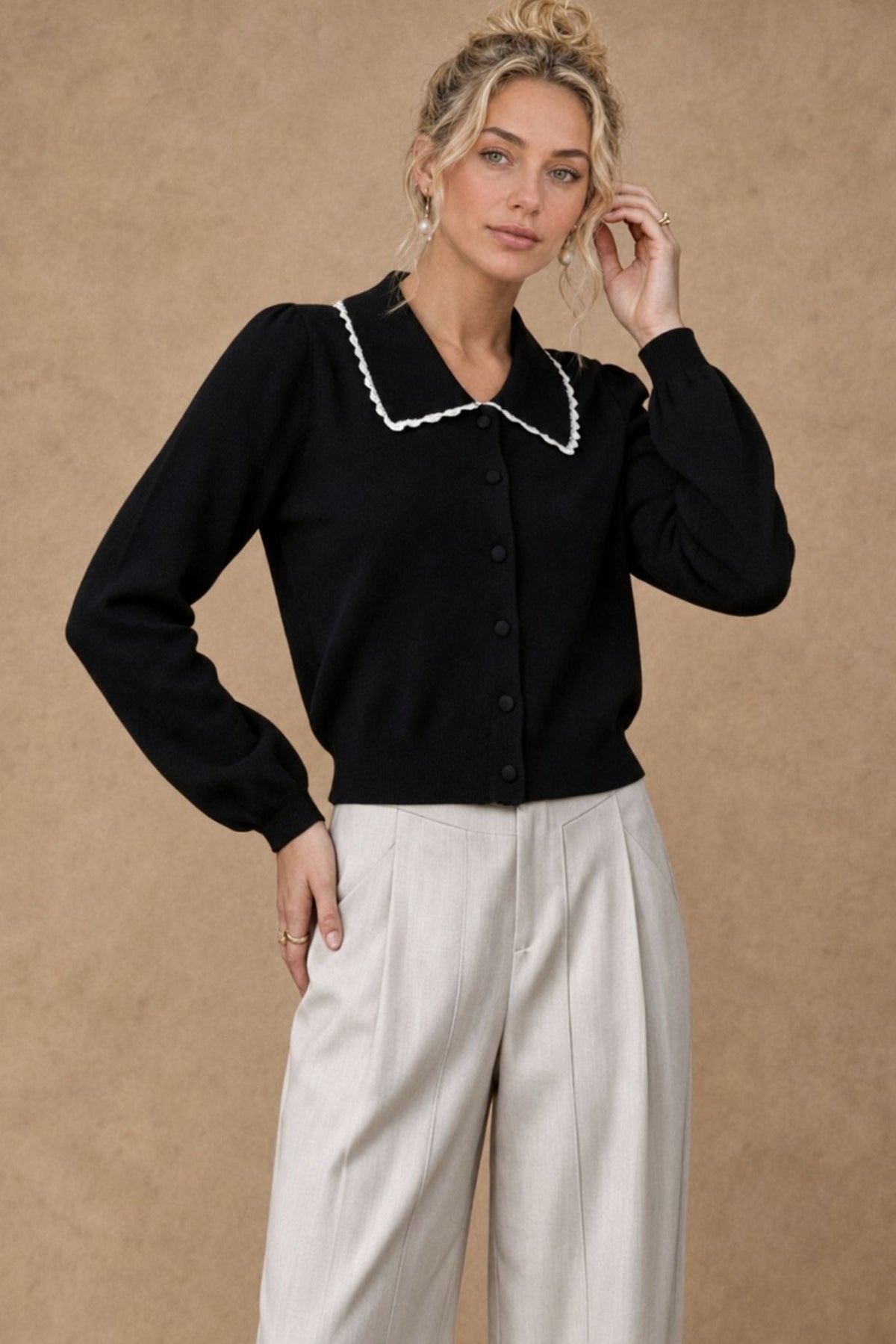 27 Miles Malibu Bellamy Cashmere Collared Cardigan with Lace Trim scalloped lace trim adding delicate texture cowgirl style