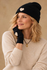 27 Miles Malibu Scarlett Cashmere Heart Beanie Black Ecru black cashmere beanie with ecru heart and fold over cuff cowgirl style Kamas Utah SKU SCARLETTBEANIEBLKEC