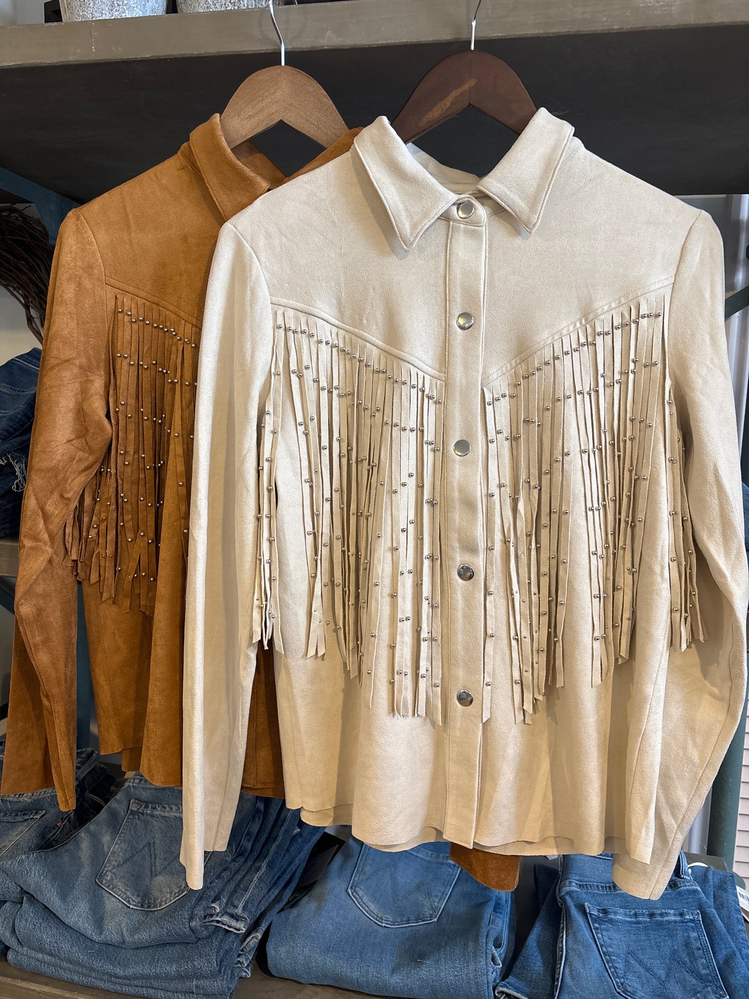 Sadie Suede Fringe Shirt Jacket WOMENS natural camel snap down suede jacket western style fashion Boltranchstore.com free shipping