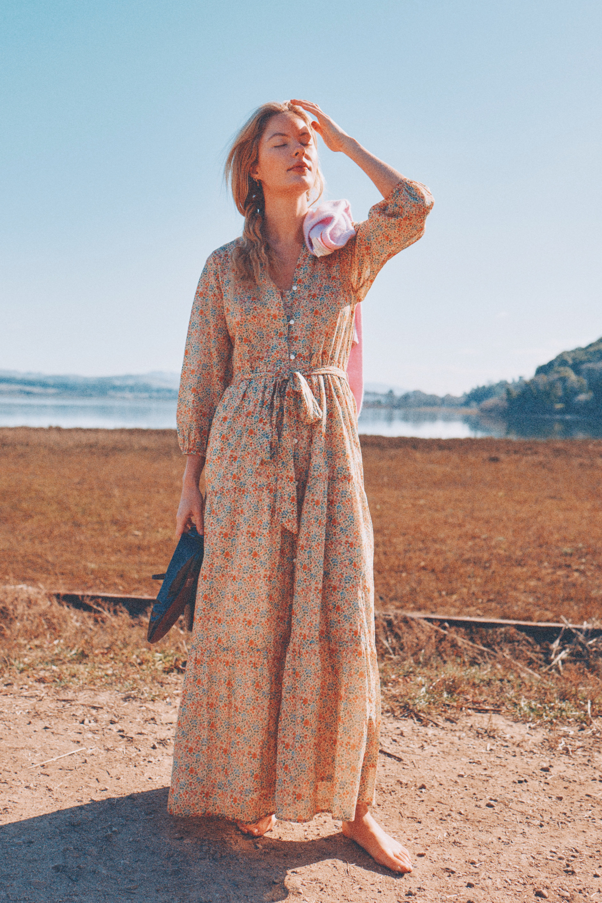 Trovata Lia Dress Gardenette full length tiered skirt with open neckline and elongating column shape womens western clothing